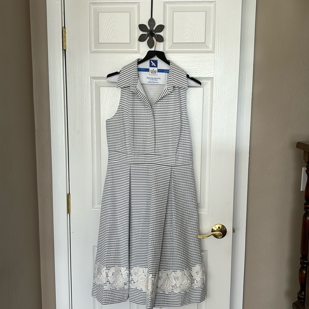 Eliza J Seersucker-Like Blue stripped Sailor-Inspired Cutaway Shoulder Dress 10